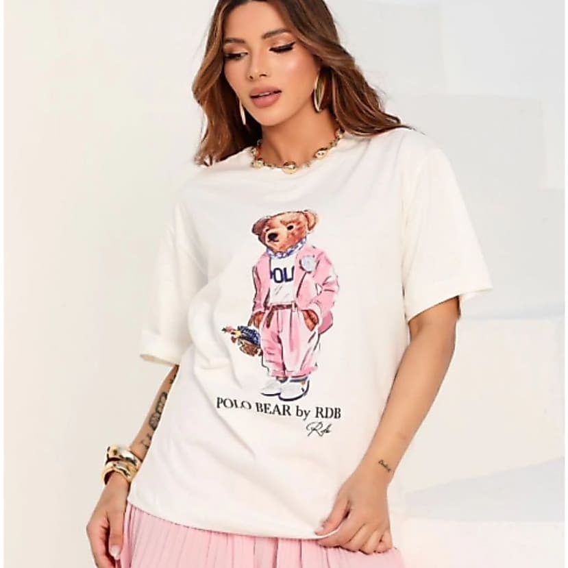 Camiseta Feminina Oversized Estampa Polo Bear  Blusa Conforto e Estilo Casual Entrega Imediata