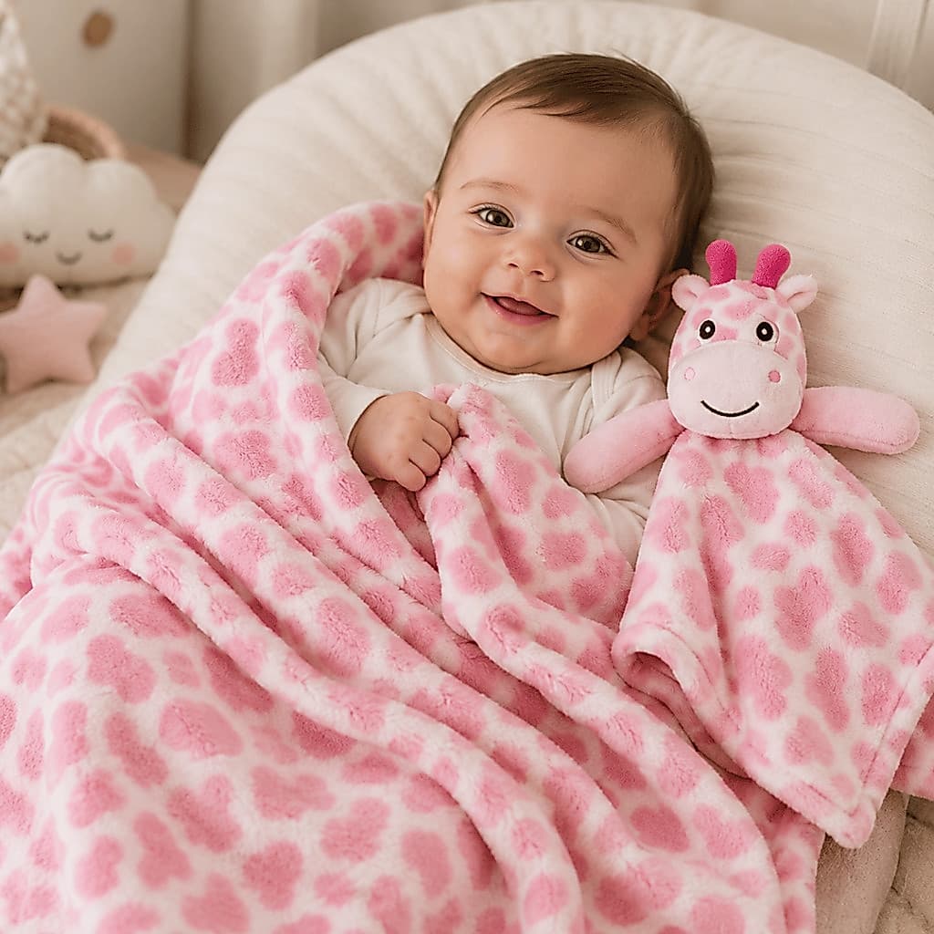 Kit Manta Girafinha Rosa + Naninha Bebê com Prendedor de Chupeta - Girafa Rosa Bebê Menina Hipoalergenica