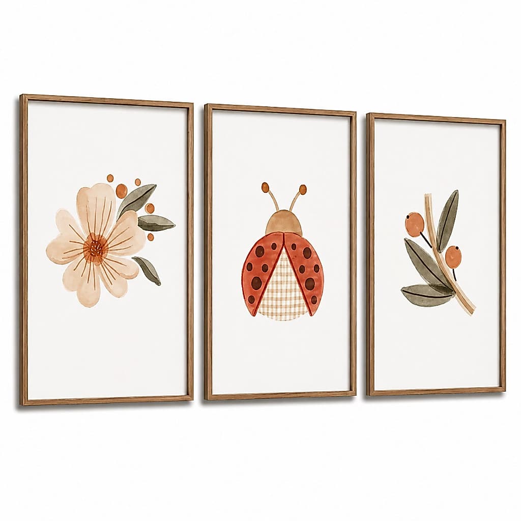 Kit 3 Quadros Decorativos Infantil | Jardim Encantado, Joaninha, Flores, Delicado - No155