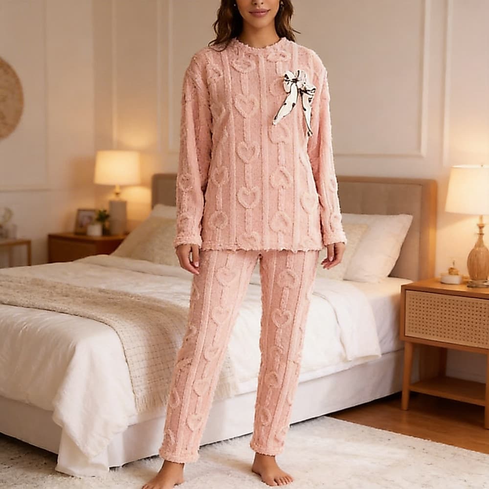 Conjunto Pijama Feminino Pelinho Inverno Relevo Coração