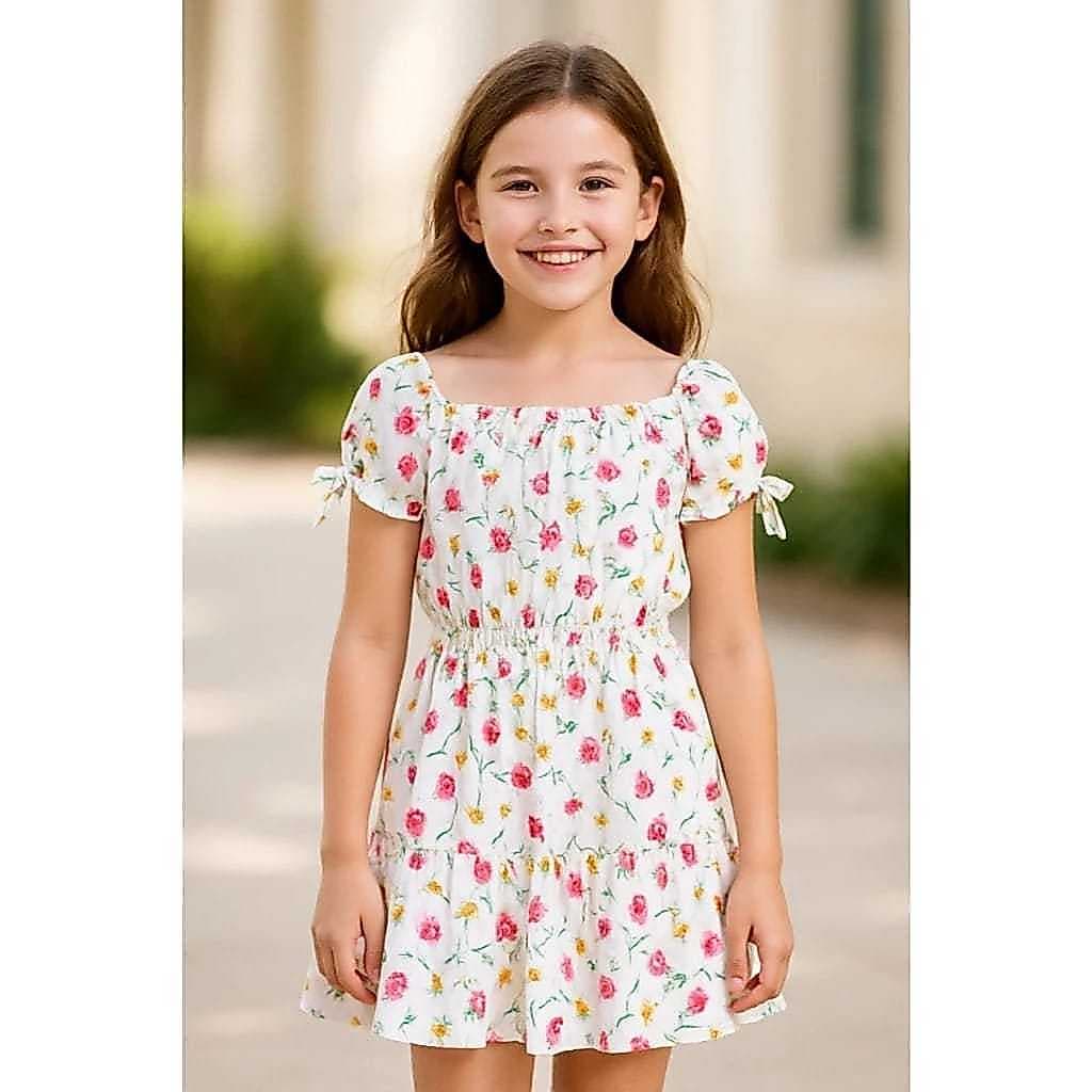 Vestido Infantil Floral e Juvenil com Manguinha em Tecido Duna Menina Verão