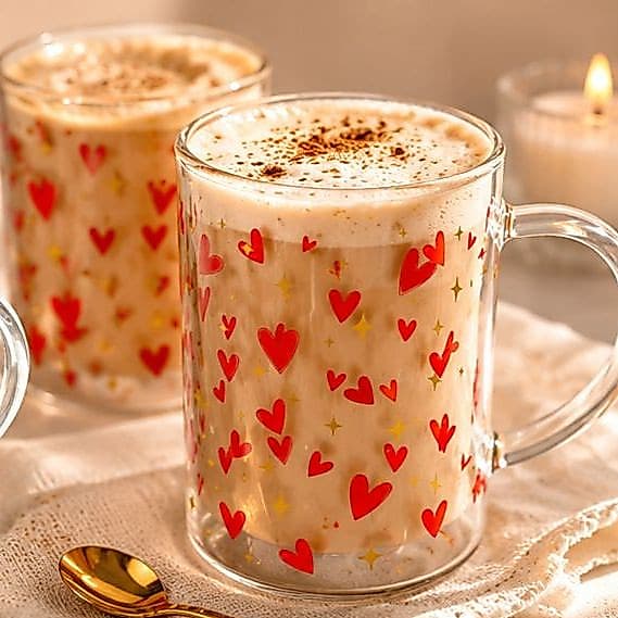 Conjunto 2 Canecas de Vidro 280ml Amor Romântica Coração Cereja Abelha Café Chá Presente Namorado Cesta Café da Manha