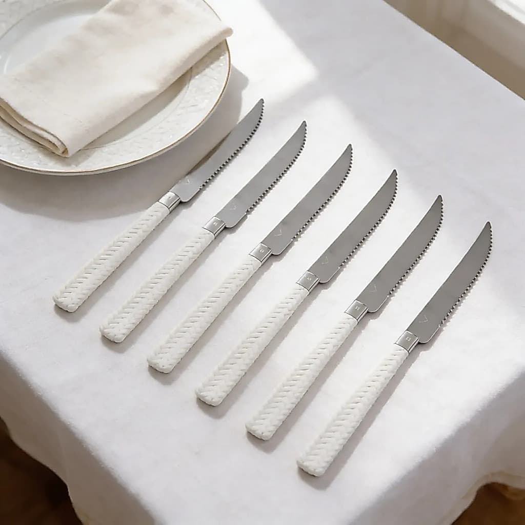 Kit 6 Facas Mesa Serrilhadas Inox Cabo Branco Corte Cozinha Cozinha Restaurante Resistente