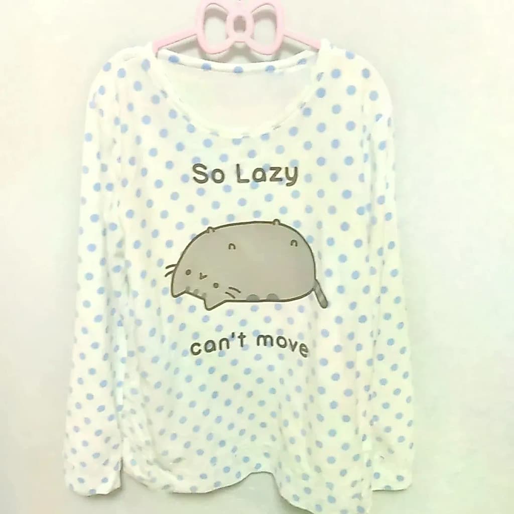 Top De Manga Comprida Estampado De Bolinhas De Gato Fofo Para Mulheres Anime Casa Macia Camiseta Casual Solta Fofa