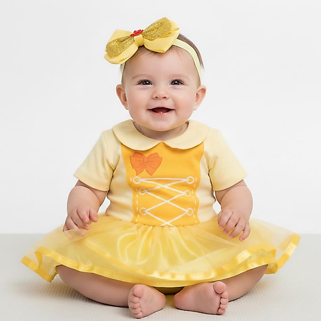 Body Bebê Temático Mesversário Com Saia de Tule e Laço Princesa Bela