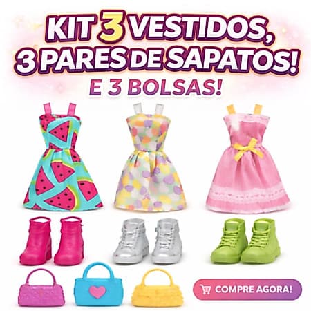 Kit Fashion para Boneca, Roupas + Sapatos + Bolsas - 9 Peças