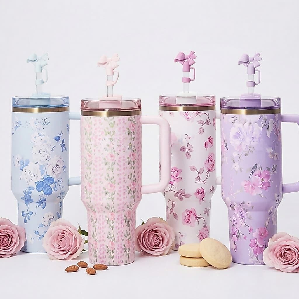 Copo Garrafa Térmica Inox 1200ml Estampa Floral Com Canudo E Alça