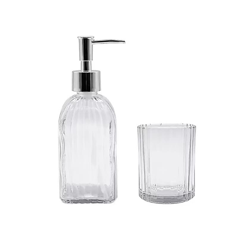 Kit Saboneteira Vidros Banheiro Luxo Clear Completo com Porta Sabonete Líquido e Porta Objetos Elegante
