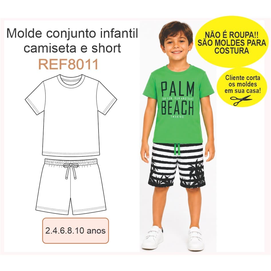 REF8011 Molde Conjunto Infantil Camiseta e Short Unissex Impresso Multitamanhos 2 a 10 Anos