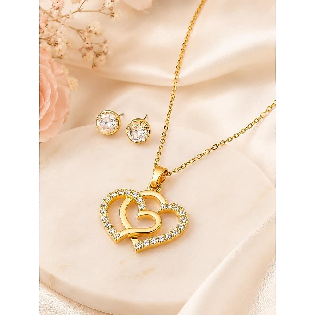 Kit Presente Colar Coração Duplo Strass e Brincos Folheados Hipoalergênicos Elegante