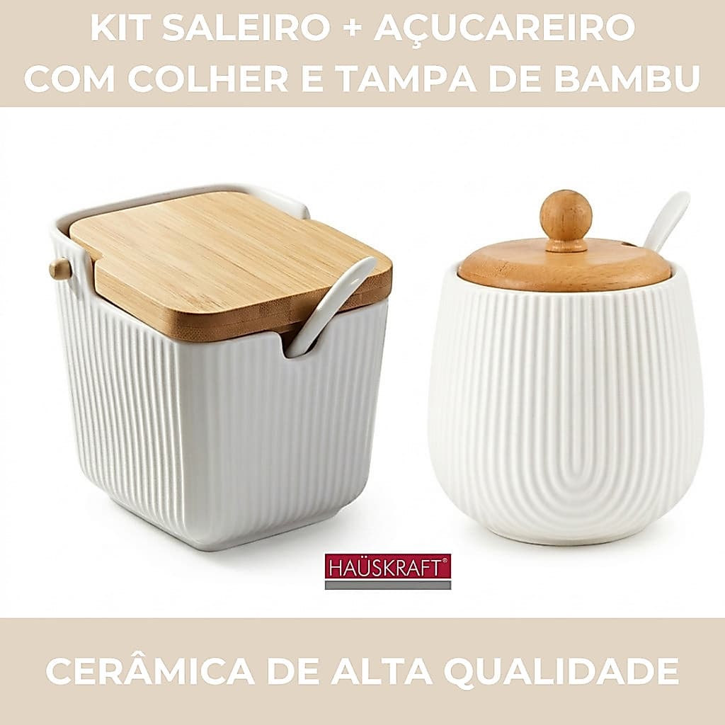 Kit Saleiro Açucareiro Cerâmica com colher tampa Oasis 300ml