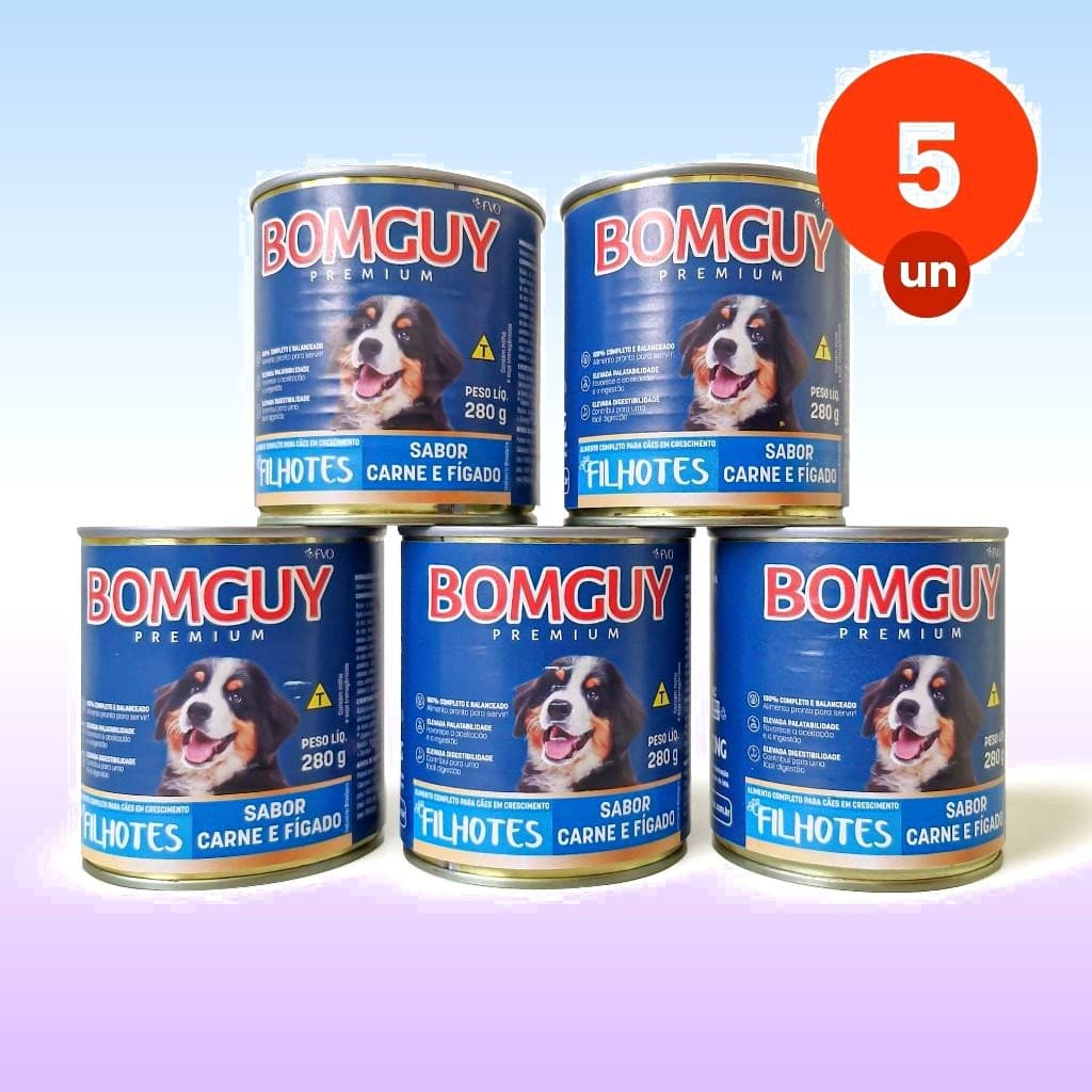Kit Ração Úmida 5 Bomguy Premium Patê Sabor Carne e Fígado Cães Filhotes 280 G FVO