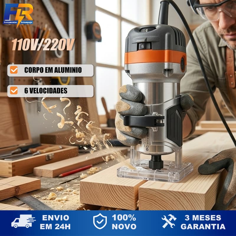 Kit Tupia Laminadora Profissional 6 Velocidades Variáveis Alumínio 800W + Jogo 15 Fresas