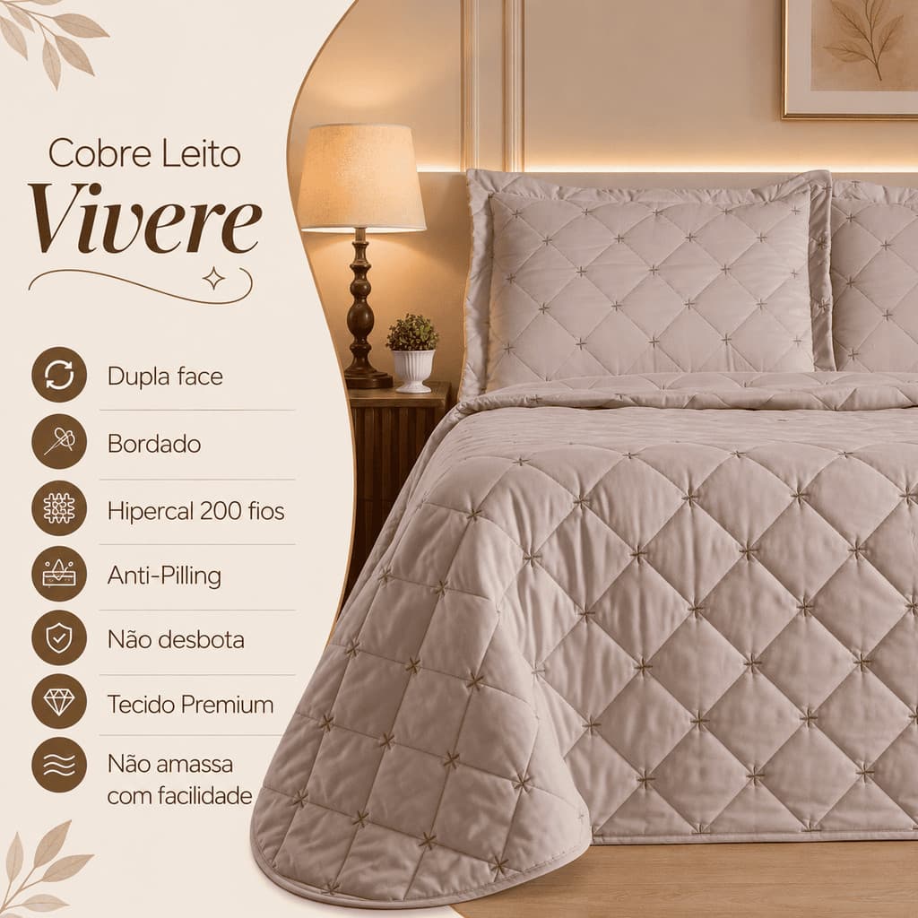 Cobre Leito Kit Colcha Percal CASAL PADRÃO Toque Macio Bordado Vivere Luxo Dupla Face