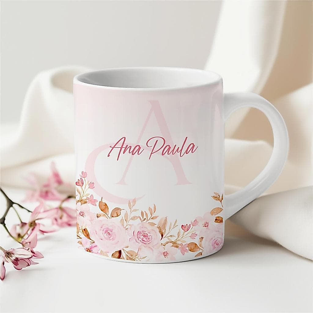 Caneca Floral Alfabeto Personalizada com Seu Nome Envio Rapido