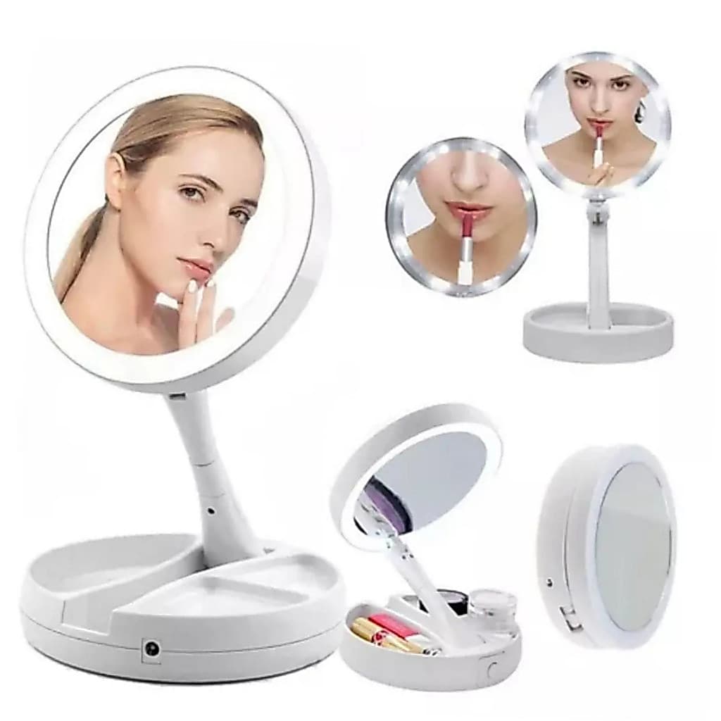 Espelho de Mesa LED Maquiagem Dobrável - Branco