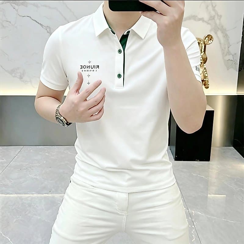 Estação europeia verão camisa polo masculina de manga curta moda única camiseta crachá Casual All-Match meia manga legal