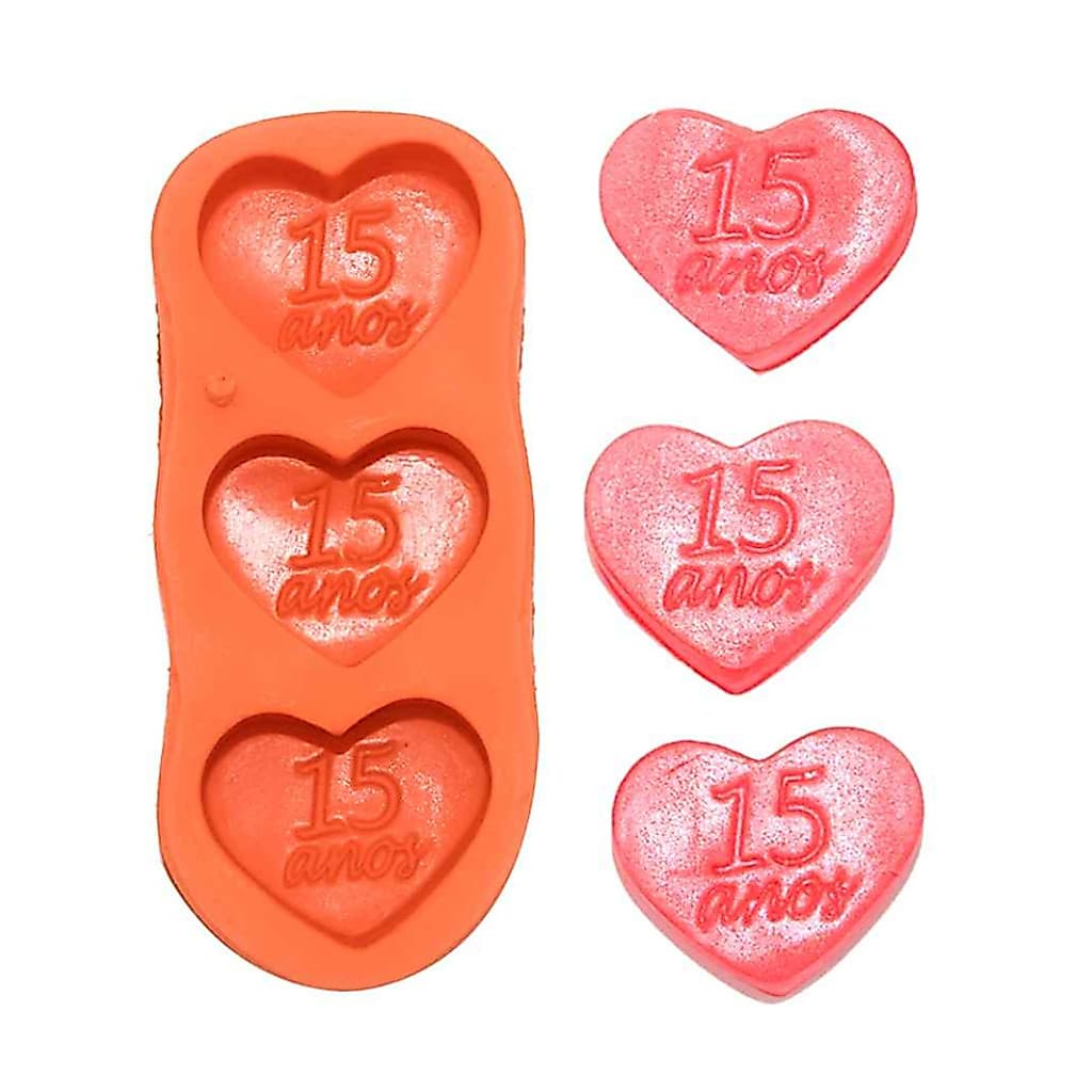 Forma Molde Silicone Sabonete Vela Biscuit Resina - 15 Anos Coração 3 Cav