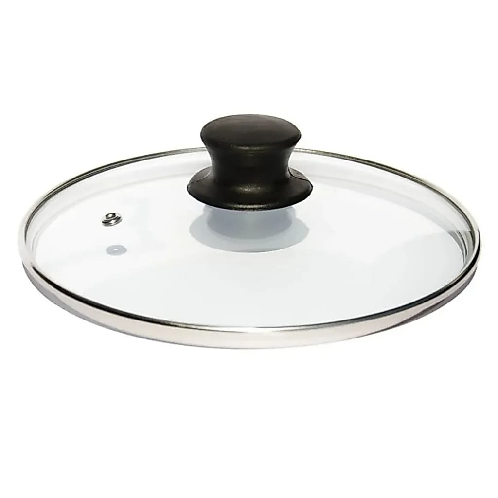 Tampa de Vidro 22 cm com Borda de Aço Inox e Pomel com Saida para Vapor Preto