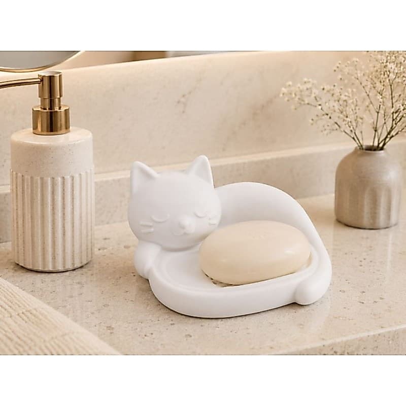 Saboneteira Gato Fofo Decorativa Porta Sabonete em Plástico Premium para Banheiro e Lavabo