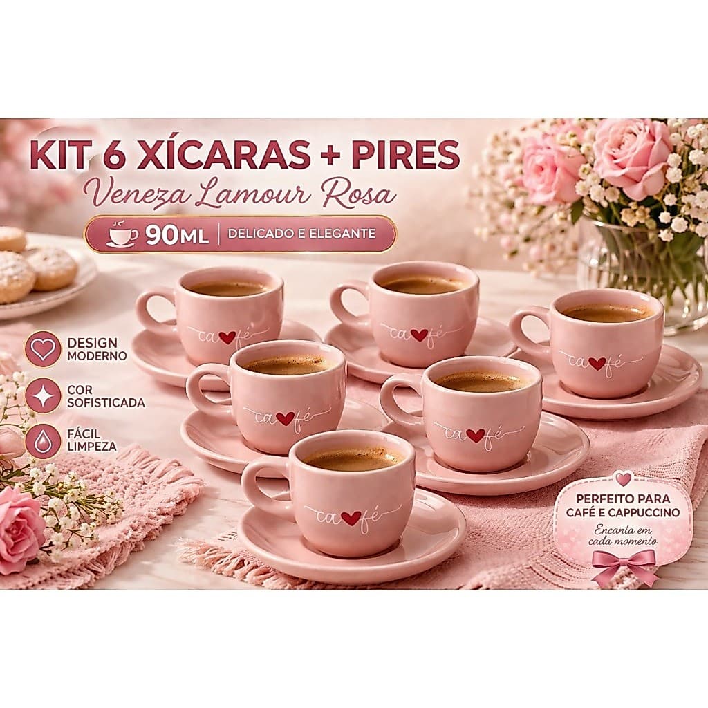 Jogo 6 Xícaras com Pires Veneza Lamour Rosa 90ml | Kit Café Elegante Delicado