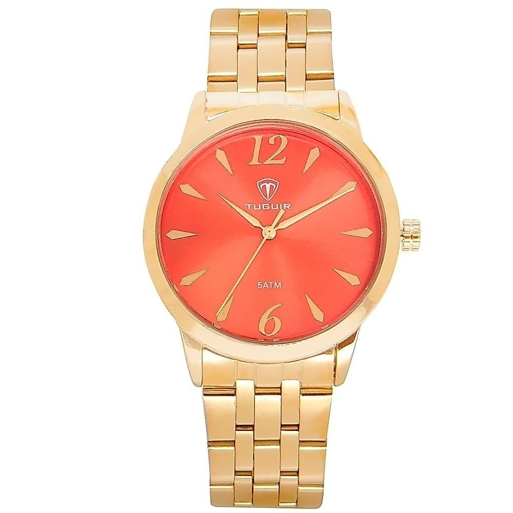 Relógio Feminino Tuguir Analógico TG141 Dourado e Laranja, 5ATM, VINTAGE, LUXUOSO, CHARMOSO, FASHION