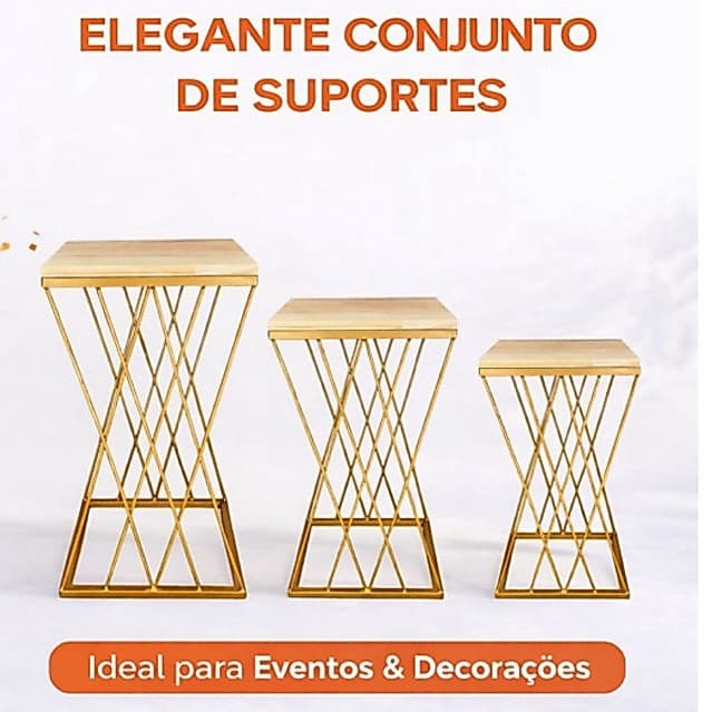 Trio De Mesa Luxo Aço Treliça Cruzada Kit Com 3 Peças Para Festa Eventos Decoração Buffet Aniversario