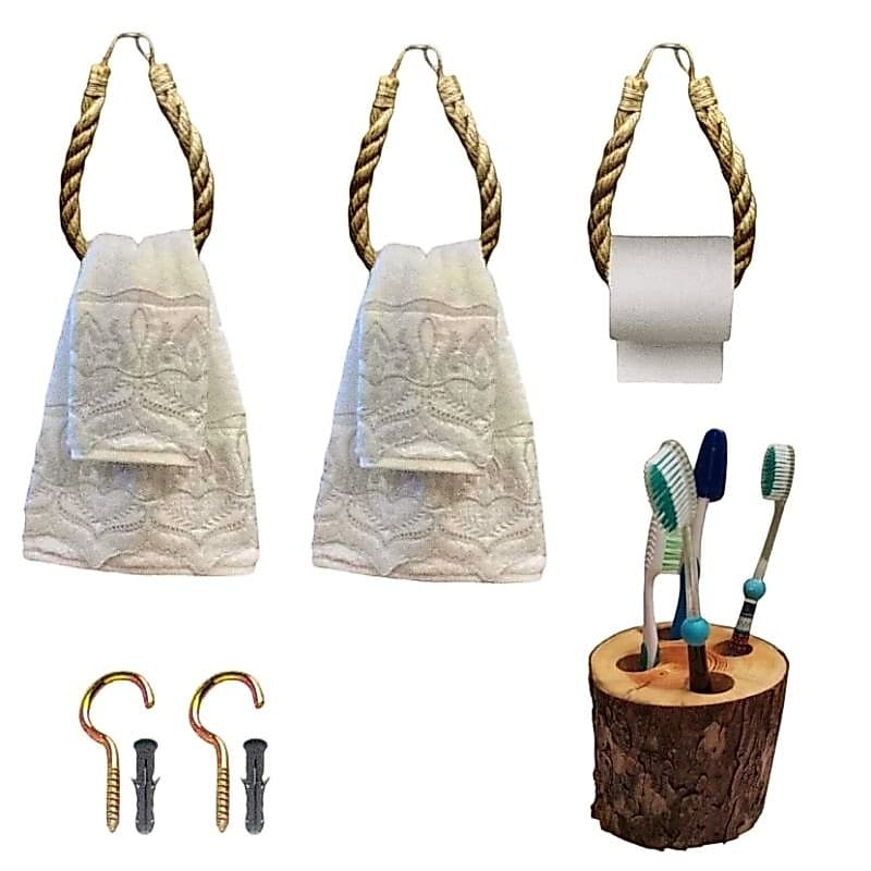 Kit Banheiro Rústico em Madeira e Corda – Porta Papel, Toalha e Escova de Dente