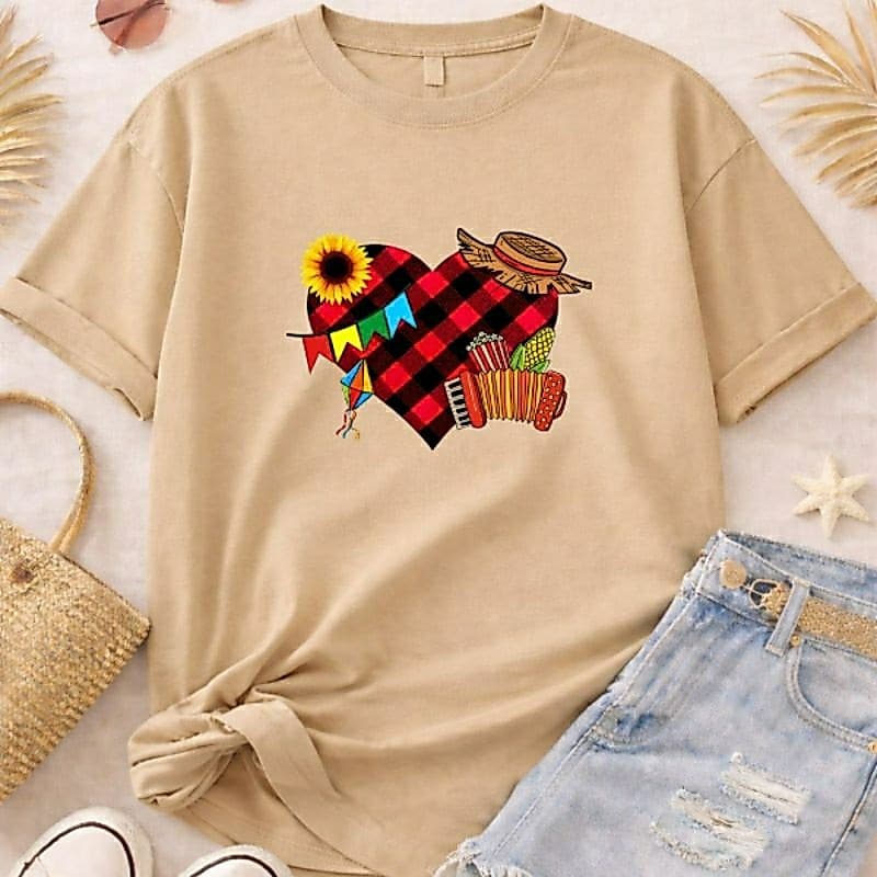 Camiseta Camisa Feminina Coração Xadrez São João Festa Junina Casual Envio Rápido Chic Fashion Moderna