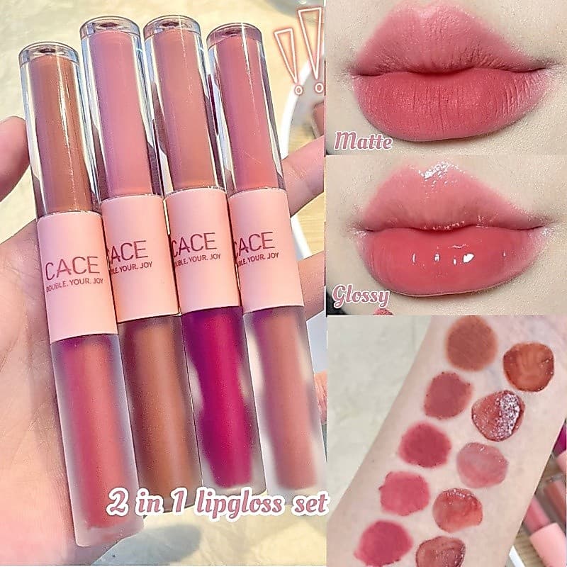 2 Em 1【 Glossy + Matte 】 Liptint Conjunto Batom Brilho Duplo Cabeça Mate Labial De Veludo À Prova D'água Maquiagem Rouge
