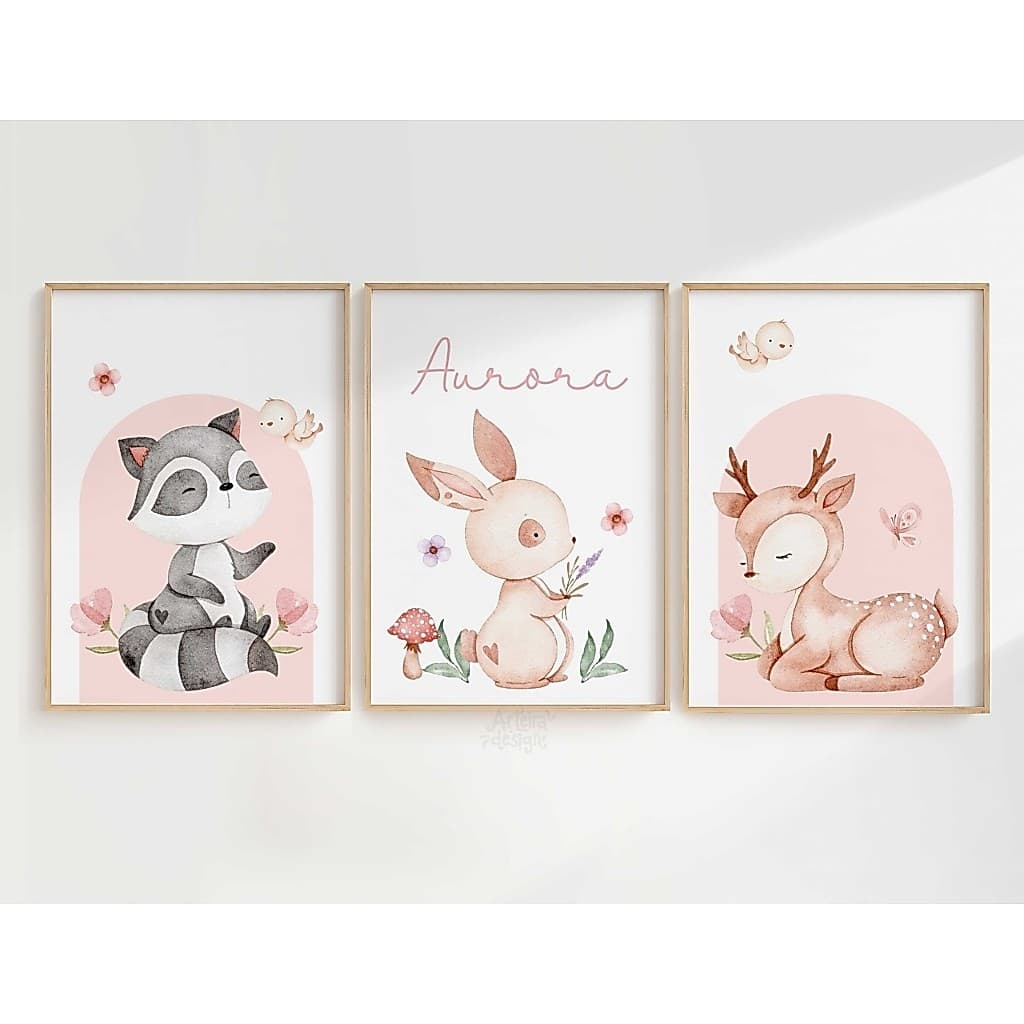 Quadro Decorativo 3 peças Animais Bosque Encantado Bebeê Quarto Infantil Menina VÁRIAS OPÇÕES