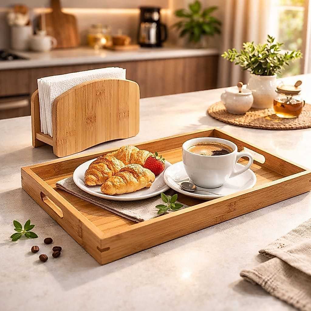 Kit Bandeja de Bambu com Alças + Porta Guardanapo | Mesa Posta | Café da Manhã | Área Gourmet