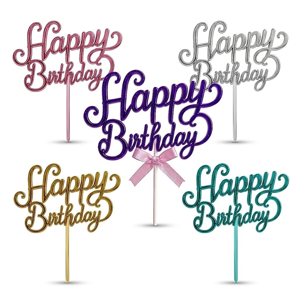 Topo de Bolo 3D 18cm com Laço Happy Birthday Festa Aniversário Parabéns Enfeite Bolo Decoração