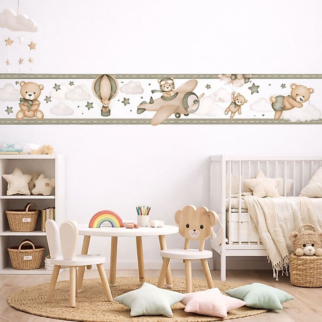 Faixa Decorativa Infantil Adesiva 1m x 15cm Ursinho Aviador Estrelas