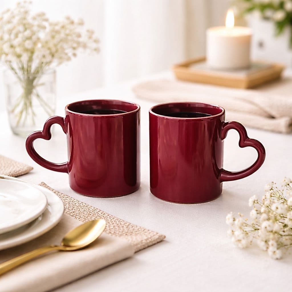 Caneca com Alça de Coração Bordô | Caneca de Cerâmica Presente Criativo Café Chá Casal Dia das Mães Kit com 2