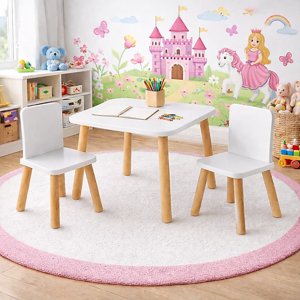 Mesa Infantil 60x60 MDF Com 2 Cadeiras Branca Pés Madeira Criança Resistente Educativo