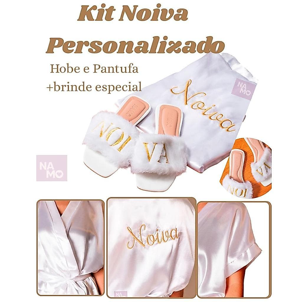 Kit Premium Noiva Robe Cetim Bordado “Noiva” + Pantufa Pelúcia Bordada
