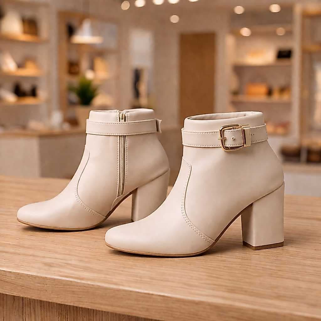 Bota Cano Curto MODELO COM FIVELA 043-010  Feminina Salto Médio Bico Fino coturno salto medio grosso