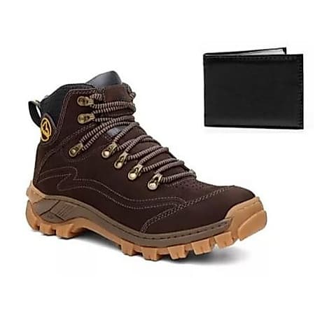 Bota Masculina Adventure Coturno Em Couro Legítico Com C.A Costurada E Colada  Reforçada + Carteira