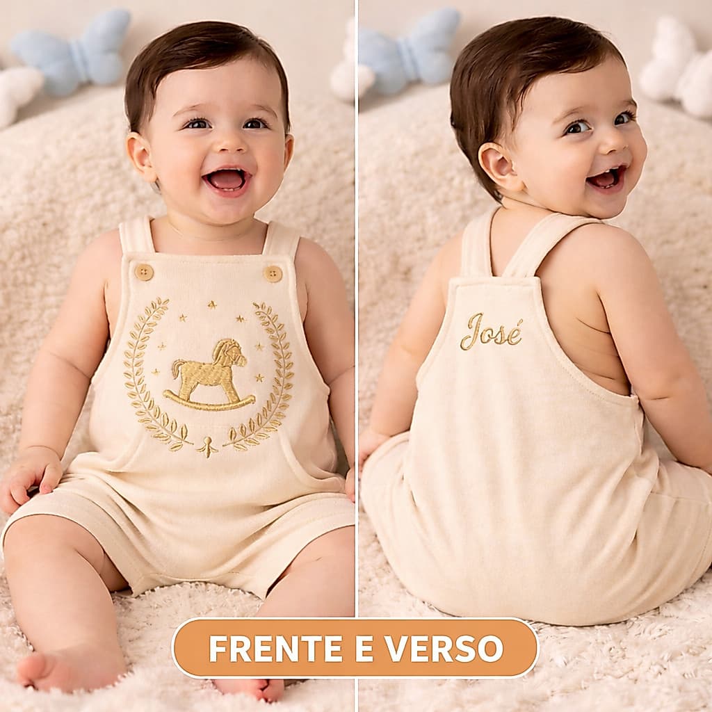 Jardineira Nome Bordado Bebê Menino Menina Manga Curta Verão Roupas de Bebês