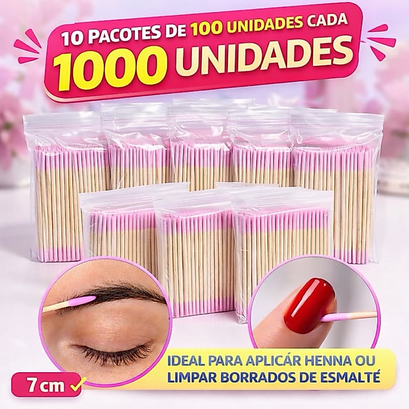 10 Pacotes Palitos Com Algodão na Ponta 1000 unidades 7cm rosa Para Limpeza Sobrancelhas Unhas Henna