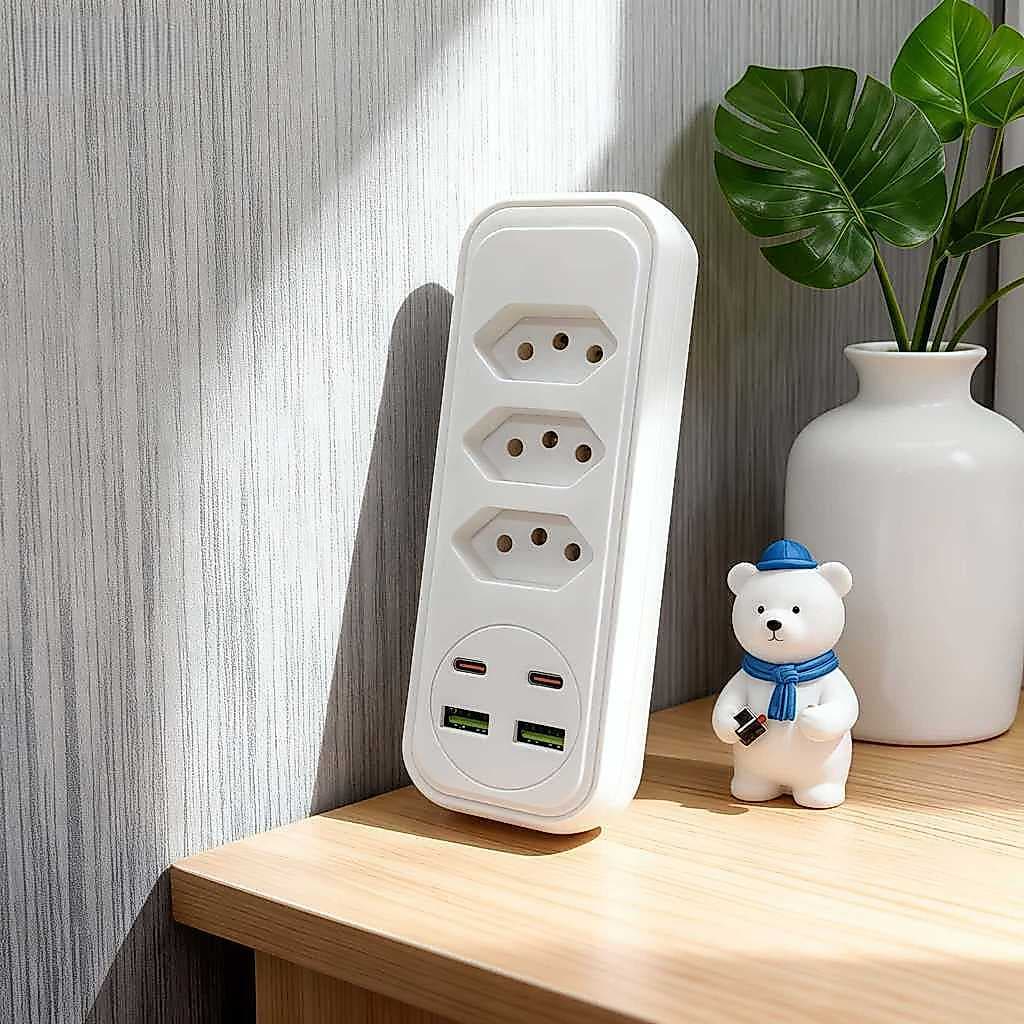 Extensão de tomada 3 Tomadas Espaçadas, 2 Portas Usb E 2 Porta Usb-c, Bivolt Branco