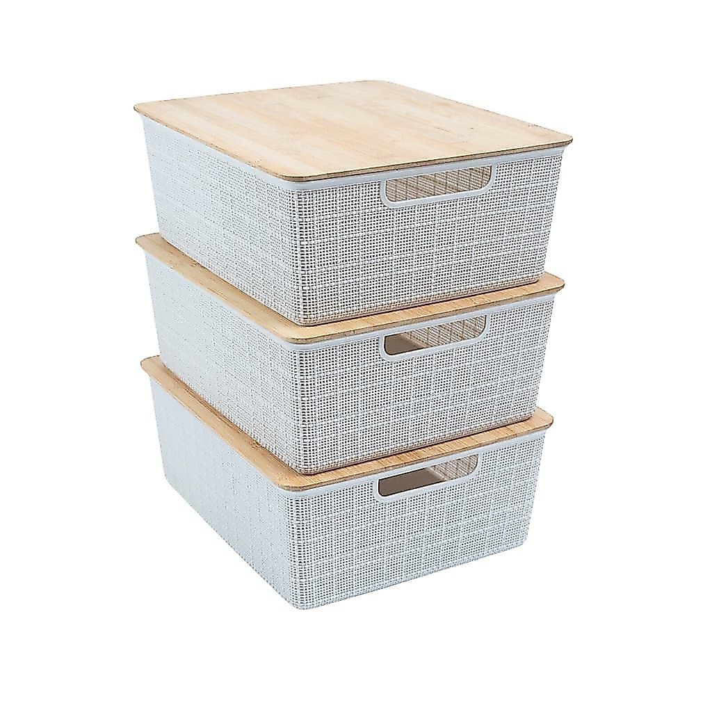Kit 3 Caixas Organizadoras Tampa de Bambu 12l Branca - Oikos