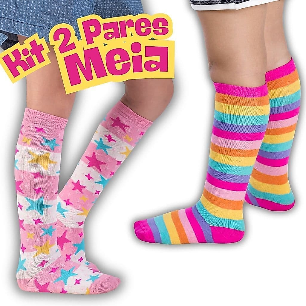 Kit 2 Pares Meia 3/4 Infantil Menina Algodão Colorida Cano Alto Longo Até o Joelho Galocha Galochita Tamanho 22 ao 33