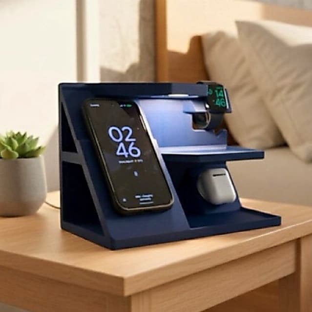 Suporte Organizador 3 em 1 com Luz LED USB | Porta Celular, Smartwatch e Fone de Ouvido | VHOSS Studio