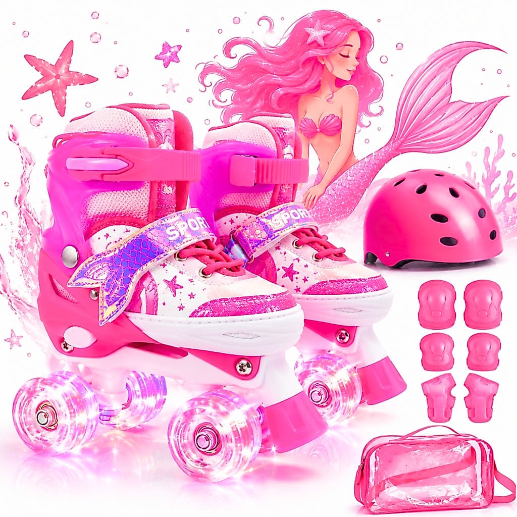 Patins Infantil 4 Rodas Quad Roxo Sereia Com Luz De Led Patins Meninas Com Proteção Ajustavel com bolsa