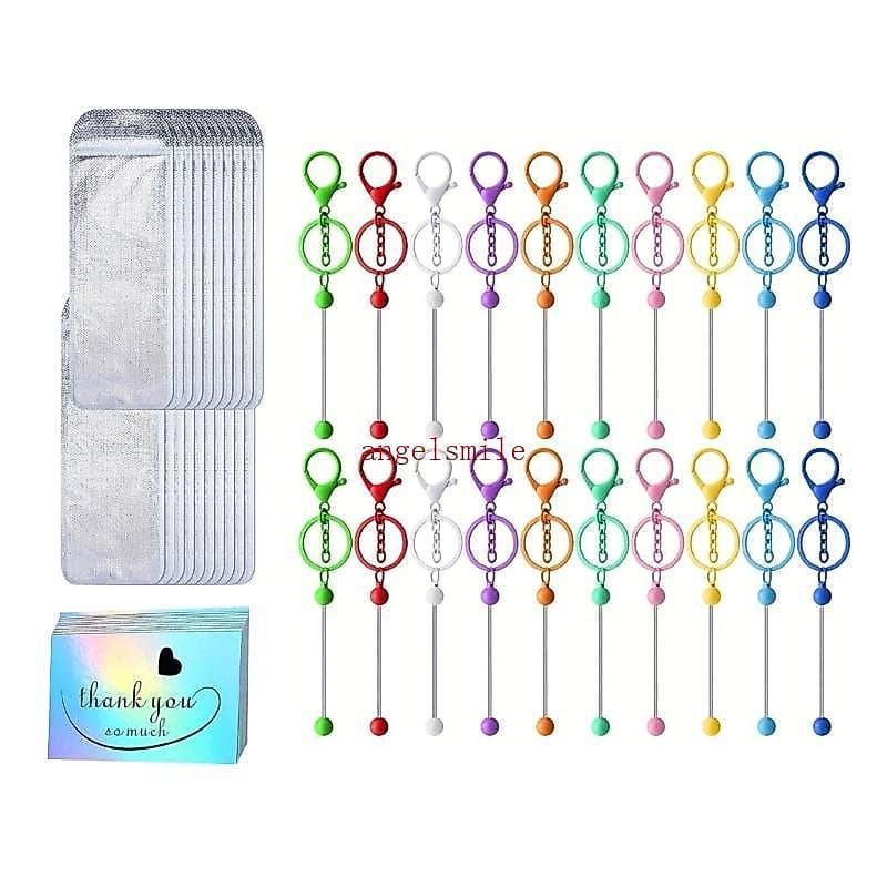 Conjunto Fabricação Chaveiros 60 Peças Hastes Metal, Sacos Resseláveis E Cartões Agradeciment