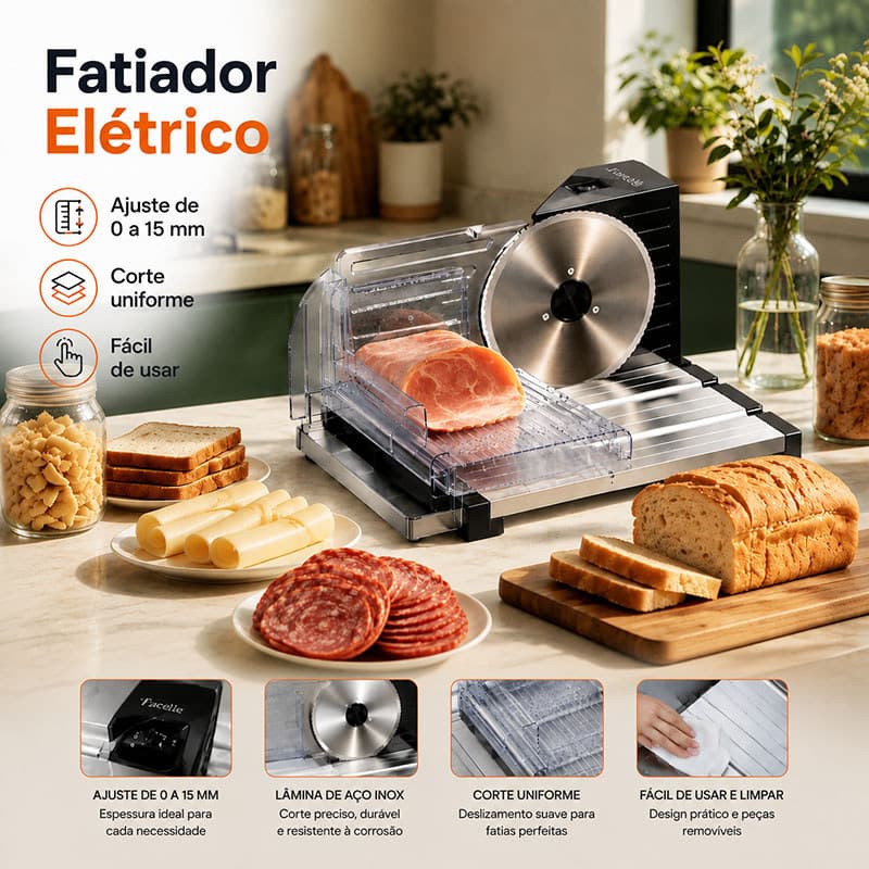 Fatiador de Alimentos Elétrico (com lâmina ajustável de 0 a 15 mm) Adequado para fatiar carnes presunto queijo e pão.
