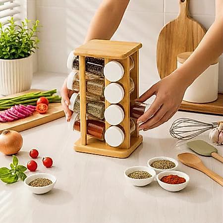 Porta Temperos Giratório Bambu Organizador Condimentos Cozinha Luxo 16 Frascos De Vidro Transparente Compacto Prático