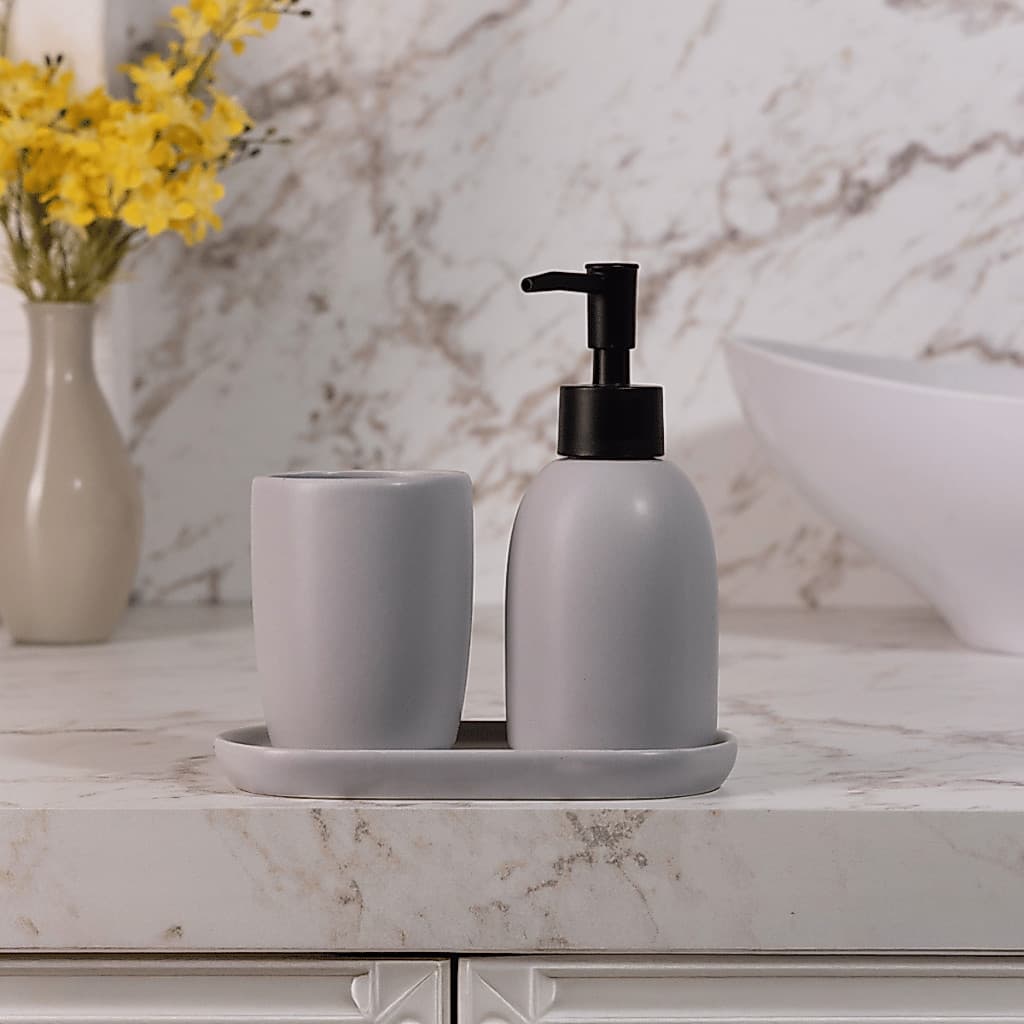 Kit Banheiro Lavabo 3 Peças Cerâmica Porta Sabonete Líquido 220ml Porta Escova Copo Bandeja Branco Off White Pia Lyor